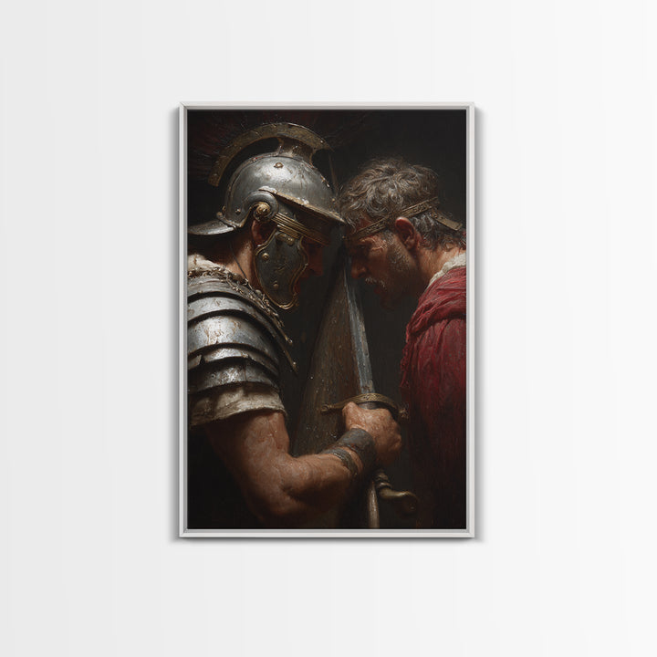 Roman Gladiator Face Off With Sword Wall Art, Intense Ancient Duel Canvas Print, Dark Masculine Office Decor, Gift For Him
