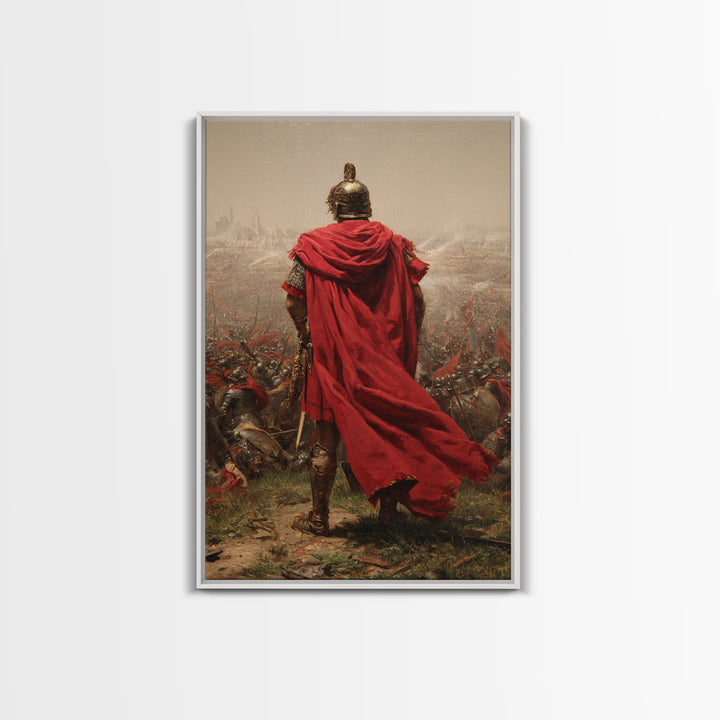 Roman General Red Cloak Wall Art, Epic Battlefield Oil Painting, Ancient Warrior Canvas Decor For Masculine Office Gift Idea