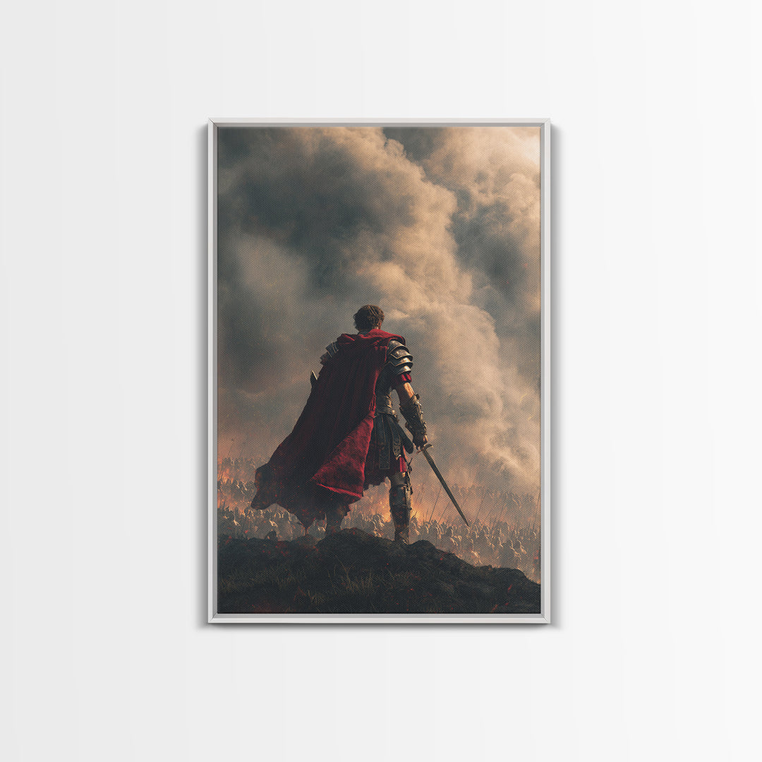 Roman Commander Over Burning Battlefield Framed Canvas Print, Ancient Warrior Wall Art, Dramatic History Decor, Gift For Him