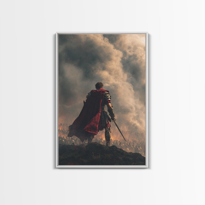 Roman Commander Over Burning Battlefield Framed Canvas Print, Ancient Warrior Wall Art, Dramatic History Decor, Gift For Him