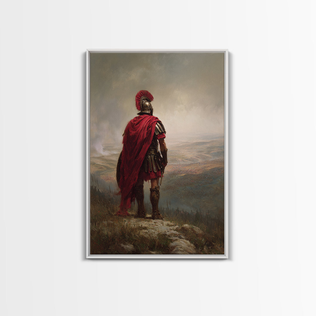 Roman Centurion In Red Cloak Overlooking Battlefield Wall Art, Ancient Warrior Canvas Print For Office Decor And Gift For Him