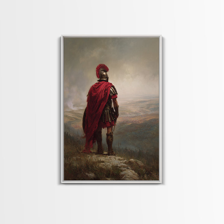 Roman Centurion In Red Cloak Overlooking Battlefield Wall Art, Ancient Warrior Canvas Print For Office Decor And Gift For Him