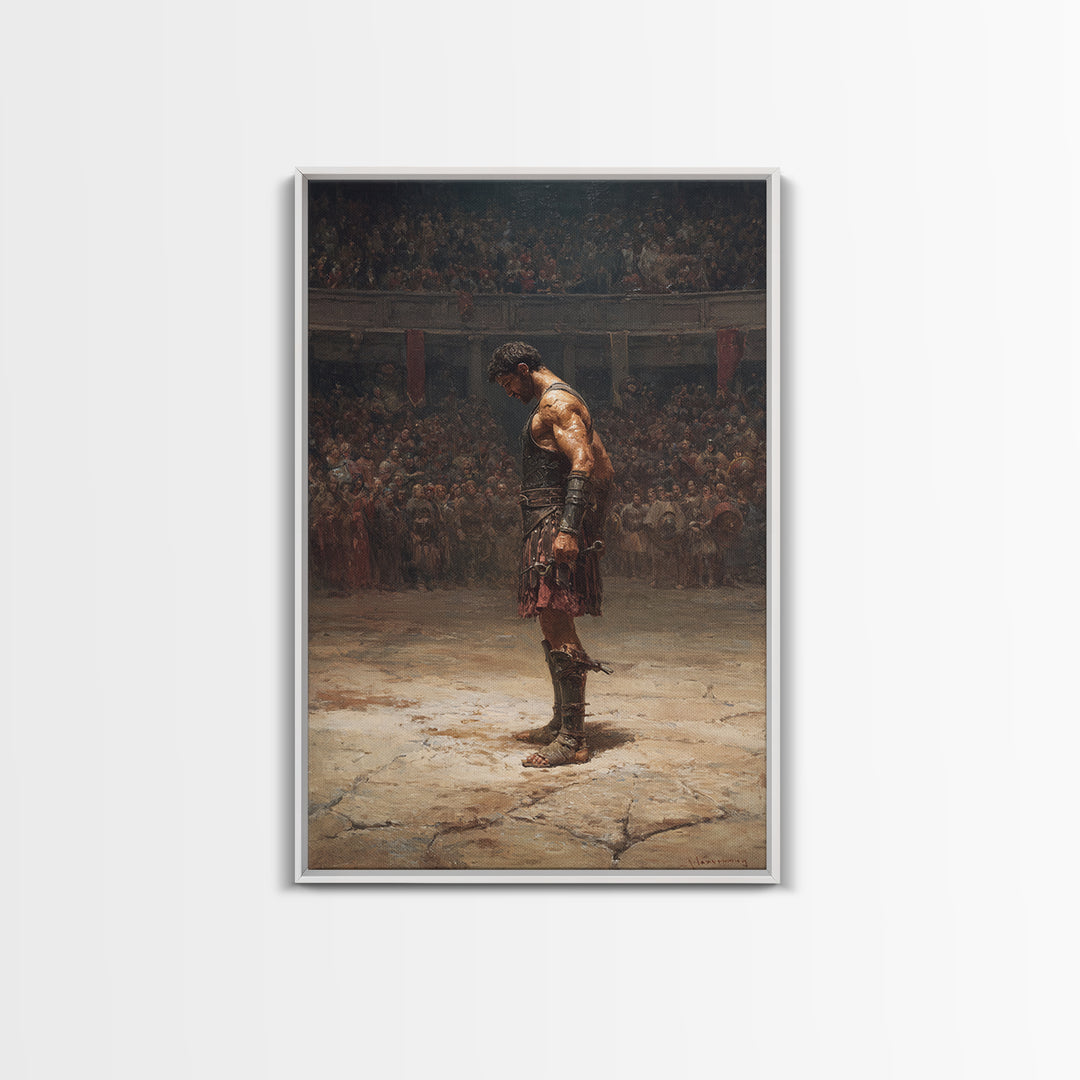 Gladiator In Arena Framed Canvas Print, Roman Warrior Oil Painting, Ancient History Wall Decor And Masculine Office Art Gift