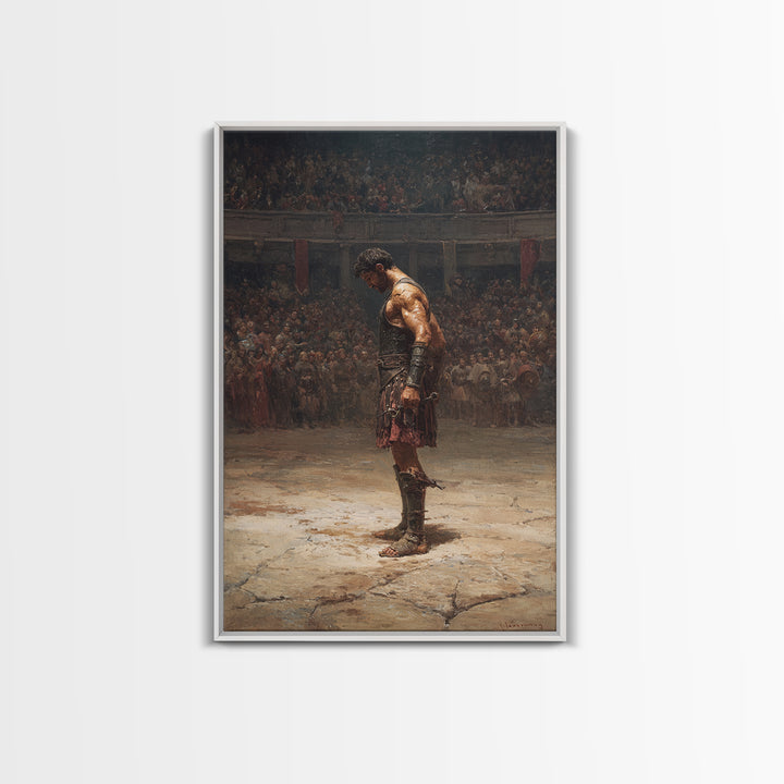Gladiator In Arena Framed Canvas Print, Roman Warrior Oil Painting, Ancient History Wall Decor And Masculine Office Art Gift