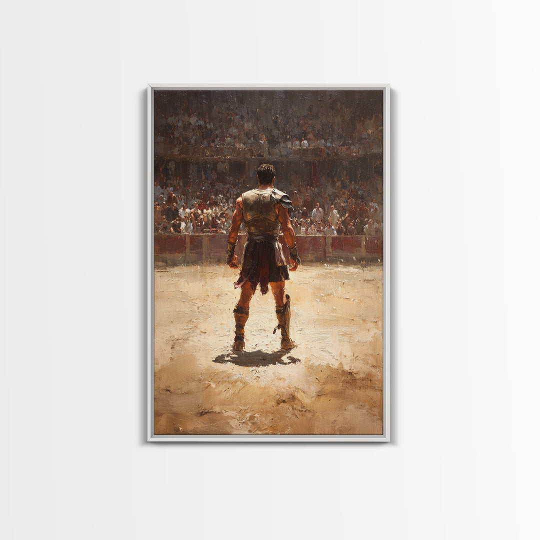 Gladiator Standing In Sunlit Ancient Arena Wall Art, Roman Warrior Canvas Print For Man Cave Decor And Masculine Office Art