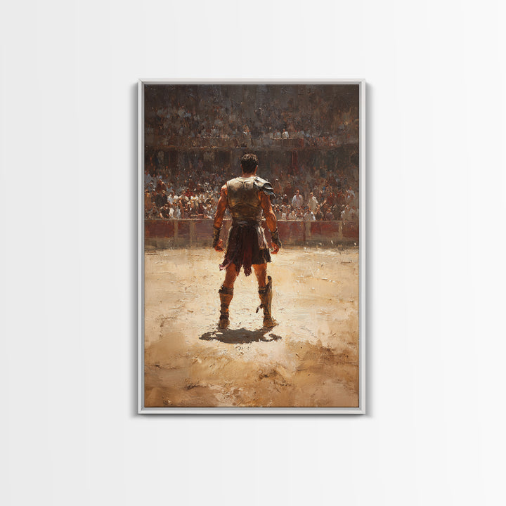Gladiator Standing In Sunlit Ancient Arena Wall Art, Roman Warrior Canvas Print For Man Cave Decor And Masculine Office Art