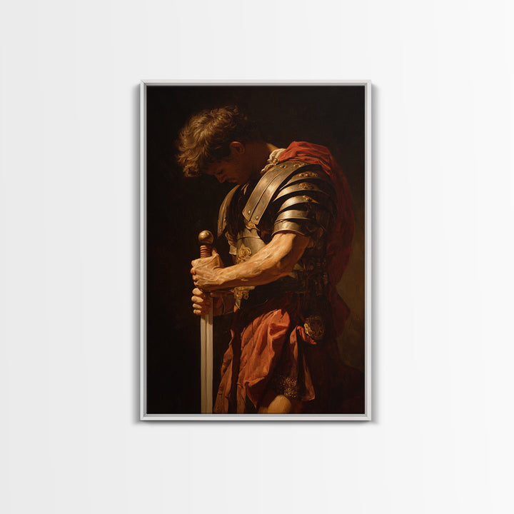 Roman Commander With Sword Framed Canvas Print, Dramatic Warrior Wall Art, Classical Oil Painting, Dark Academia Office Decor