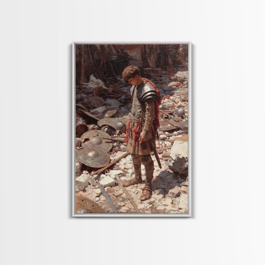 Young Warrior Among Fallen Shields Framed Canvas Print, Roman Battle Oil Painting, Historical Wall Art, Teen Boys Room Decor Gift