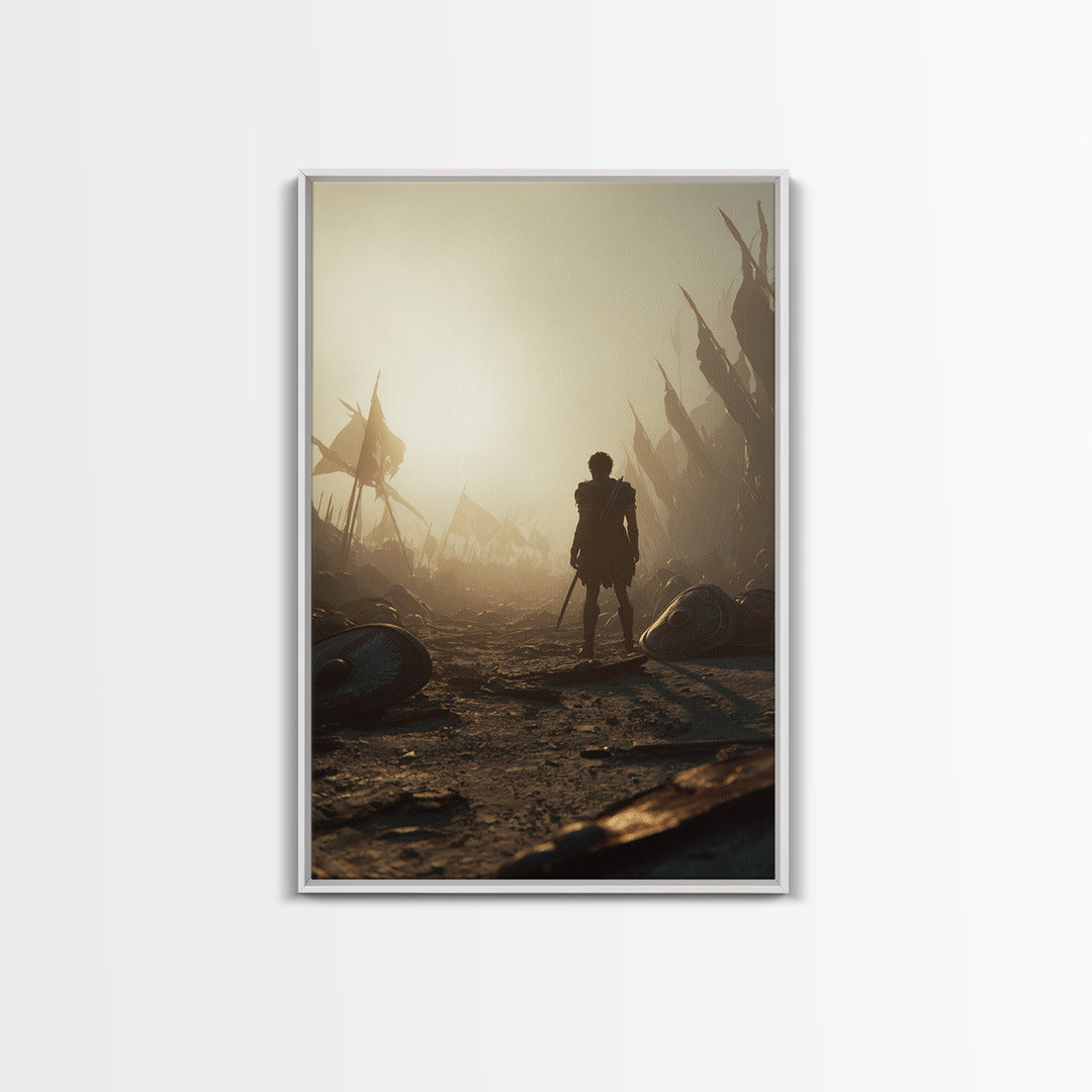 Lone Ancient Warrior In Sunlit Battlefield Canvas Print, Epic Fantasy Wall Art, Greek Battle Decor, Masculine Office Art