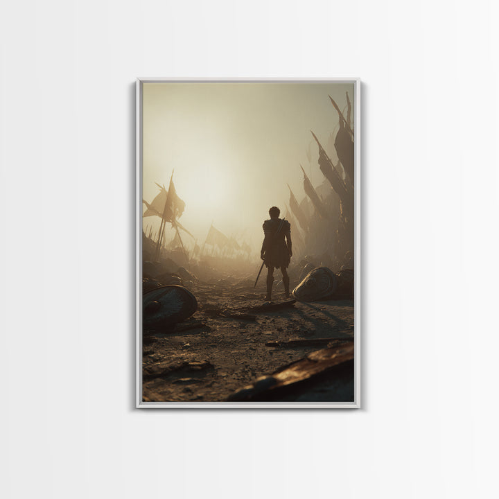 Lone Ancient Warrior In Sunlit Battlefield Canvas Print, Epic Fantasy Wall Art, Greek Battle Decor, Masculine Office Art