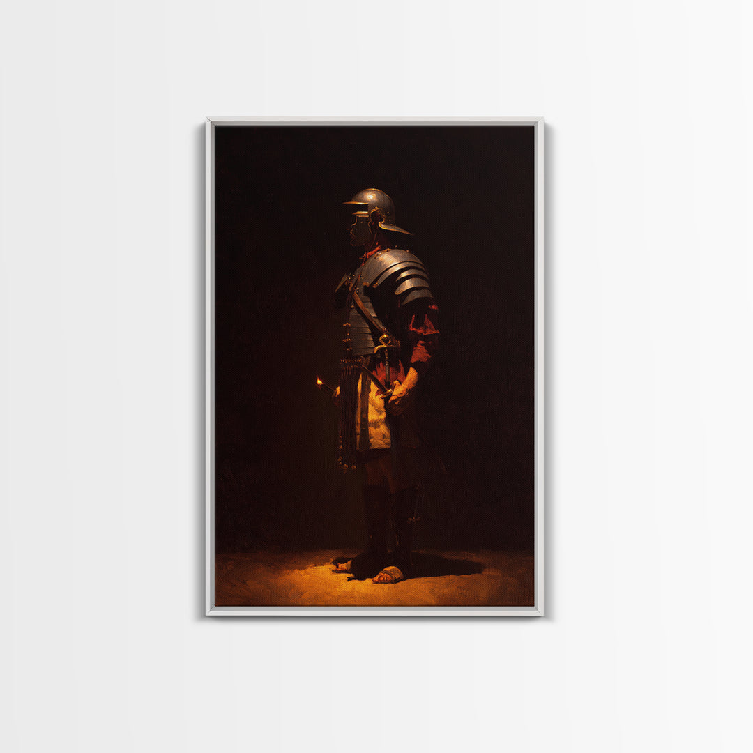 Roman Legionary In Bronze Armor, Framed Canvas Print, Dark Academia Wall Art, Ancient Warrior Decor, Office Art Print, Gift