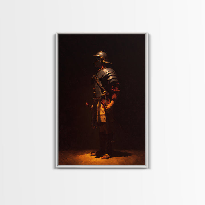 Roman Legionary In Bronze Armor, Framed Canvas Print, Dark Academia Wall Art, Ancient Warrior Decor, Office Art Print, Gift