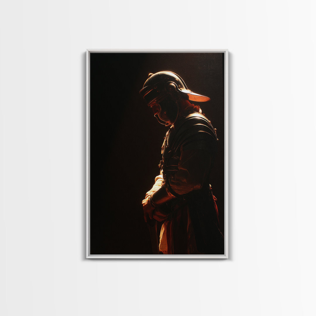 Moody Helmeted Warrior In Golden Rim Light Framed Canvas Print, Dark Fantasy Art, Masculine Office Decor, Gothic Wall Art