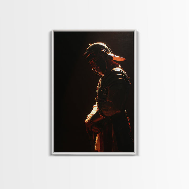Moody Helmeted Warrior In Golden Rim Light Framed Canvas Print, Dark Fantasy Art, Masculine Office Decor, Gothic Wall Art