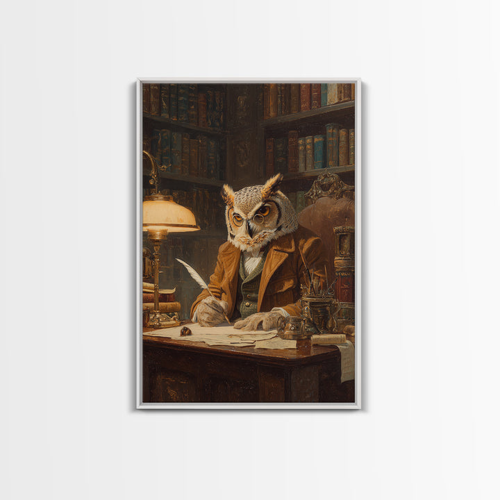 Scholarly Owl Writing In Antique Library Framed Canvas Print, Whimsical Animal Wall Art, Dark Academia Office Decor Gift