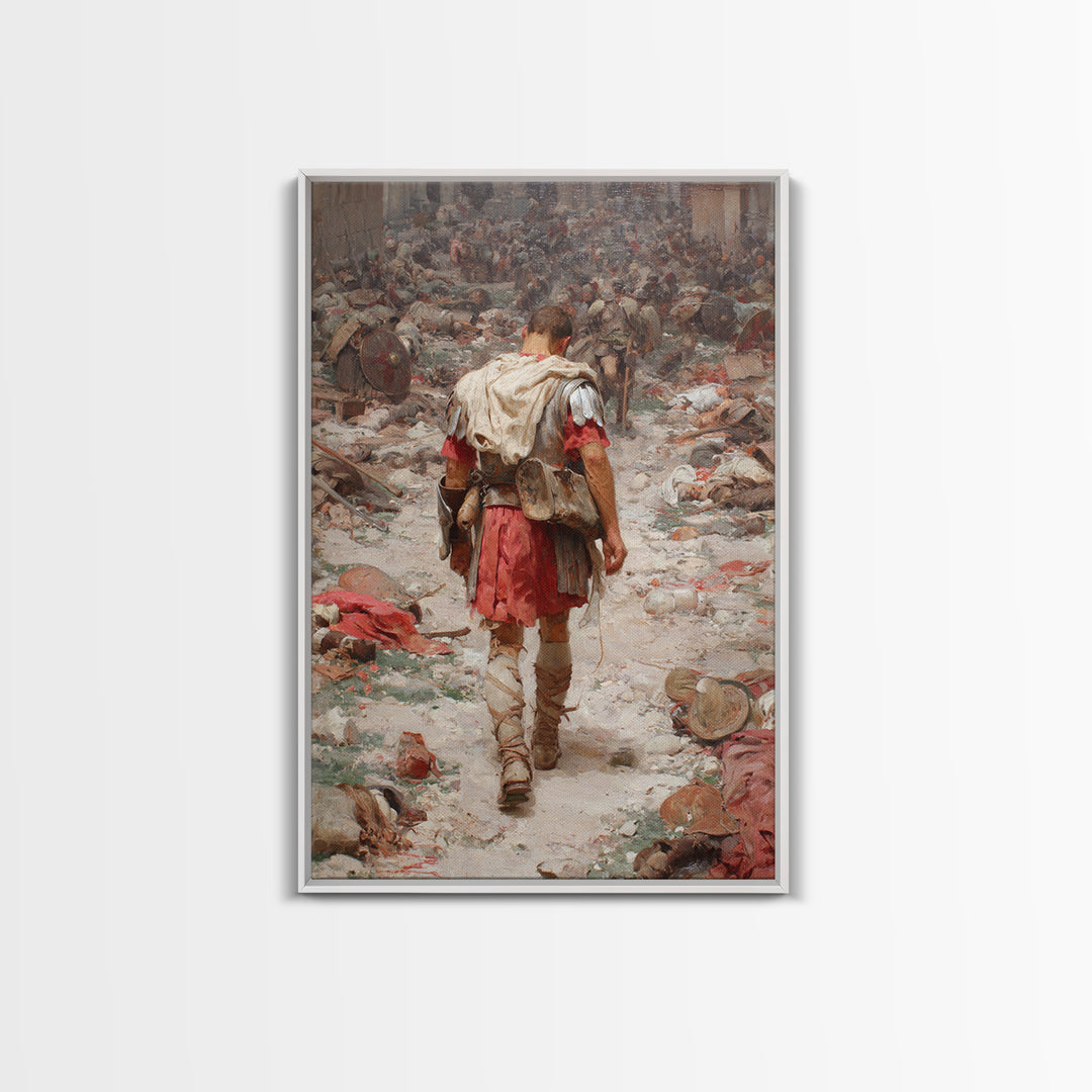 Historic Roman Soldier Amidst Battle Aftermath Detailed Painting Wall Art Canvas Print For History Buffs And Home Decor