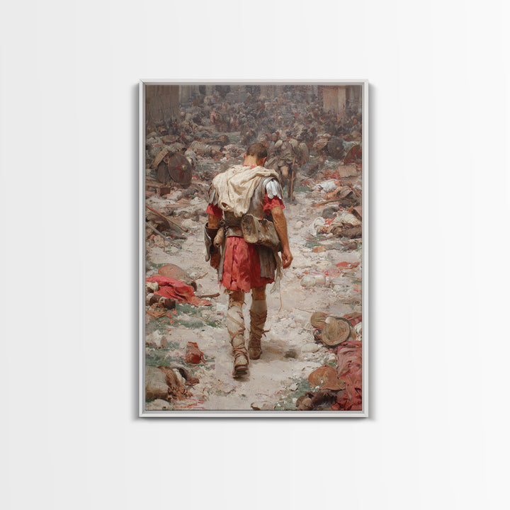 Historic Roman Soldier Amidst Battle Aftermath Detailed Painting Wall Art Canvas Print For History Buffs And Home Decor