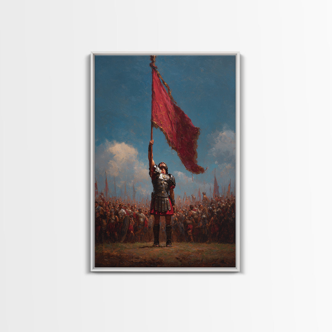 Roman Warrior Raising Red Battle Flag Wall Art, Historical Soldier Canvas, Dramatic Legion Artwork, Gift For Him, Living Room Decor