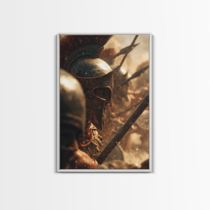 Bronze Spartan Helmet In Ancient Battle Canvas Print, Greek Warrior Wall Art, Historical Office Decor, Masculine Gift For Him