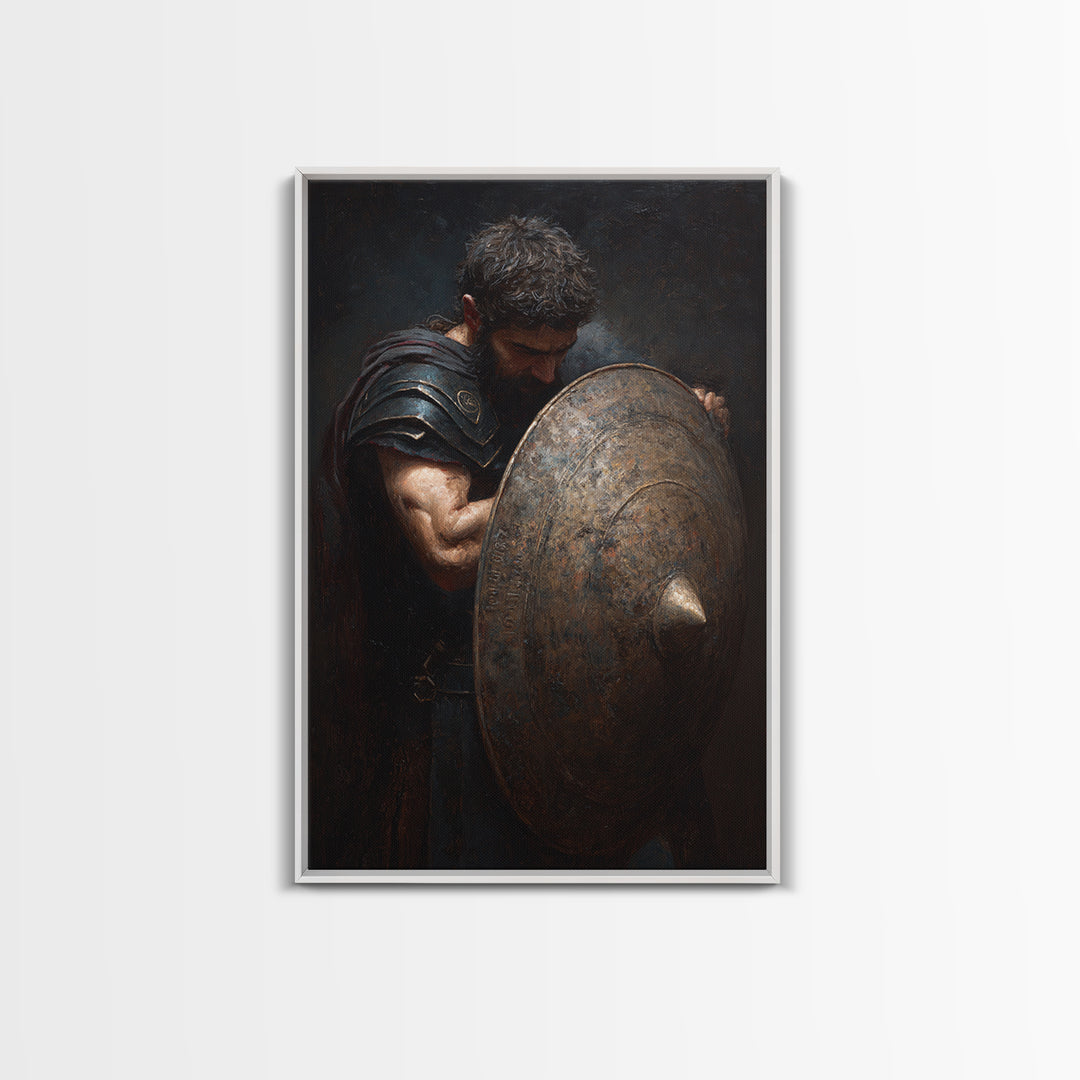 Bearded Warrior Holding Round Bronze Shield Framed Canvas Print, Spartan Wall Art, Masculine Office Decor, Fine Art Print