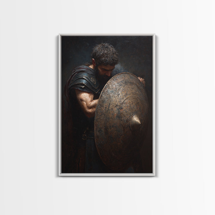 Bearded Warrior Holding Round Bronze Shield Framed Canvas Print, Spartan Wall Art, Masculine Office Decor, Fine Art Print