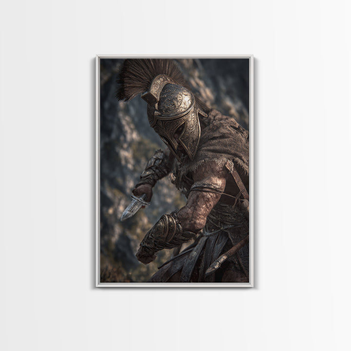 Armored Spartan Warrior With Bronze Helmet Wall Art, Ancient Greek Canvas Print, Masculine Office Decor, History Gift For Him