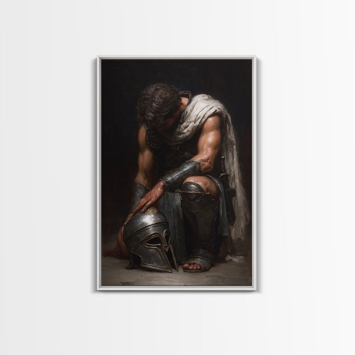 Kneeling Gladiator With Helmet Framed Canvas Print, Roman Warrior Oil Painting, Dark Academia Wall Art, Masculine Decor Gift