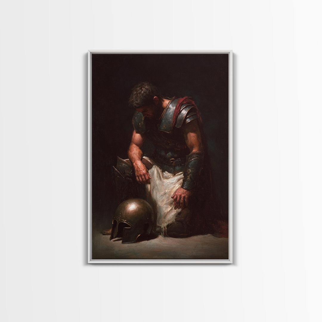 Kneeling Roman Soldier With Bronze Helmet Canvas Print, Dark Academia Wall Art, Moody Historical Warrior Art Decor, Gift For Him