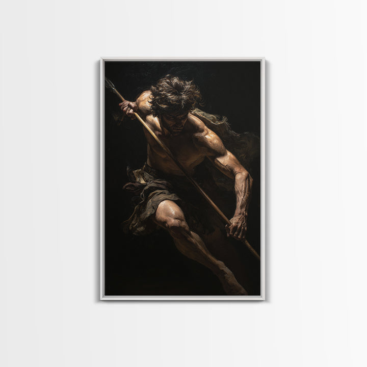 Classical Spear Warrior In Shadow Framed Canvas Print, Mythological Wall Art, Dark Academia Decor, Masculine Fine Art Print