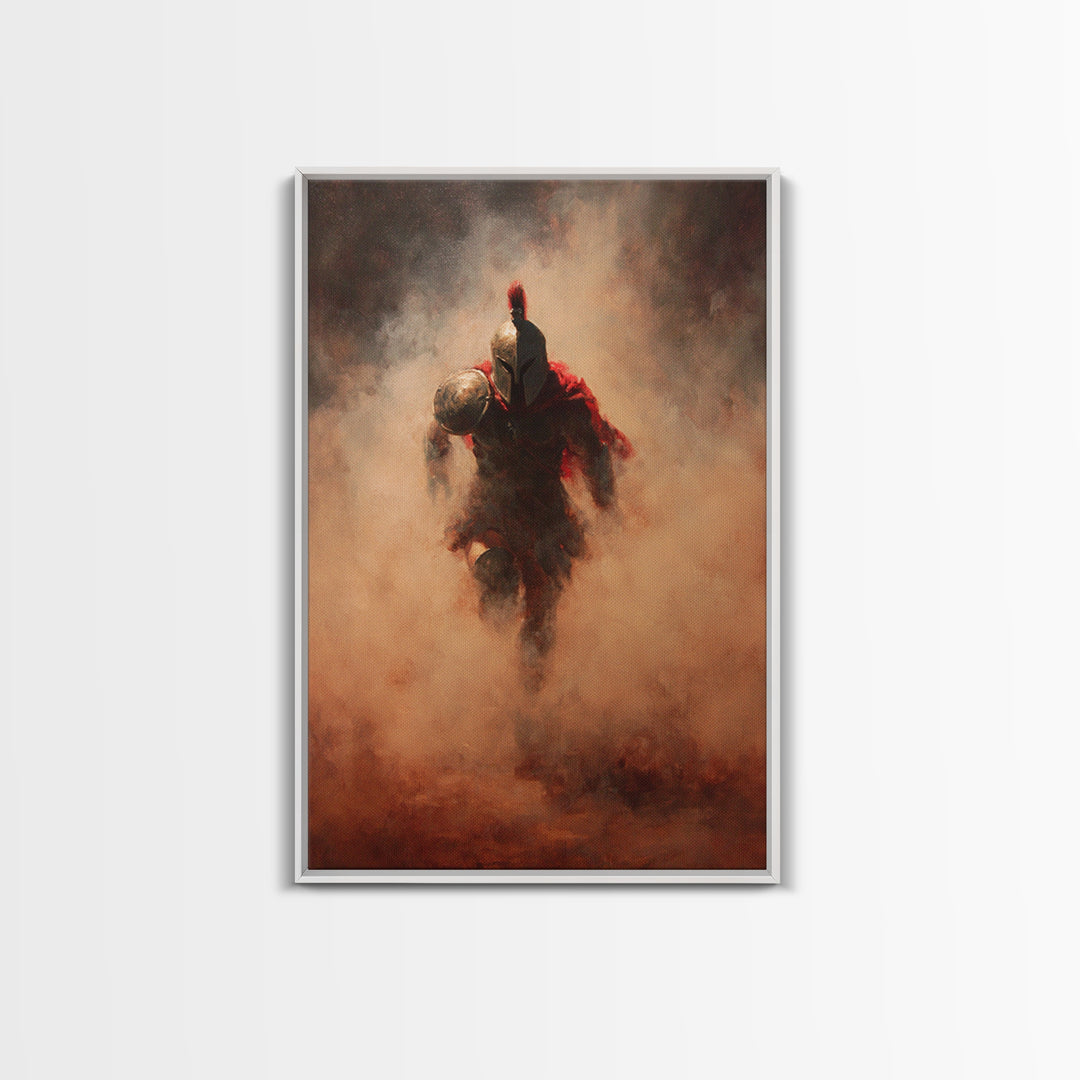 Spartan Warrior Emerging Through Red Smoke, Canvas Print, Dramatic Battle Wall Art, Ancient Greek Decor, Masculine Art, Gift For Him