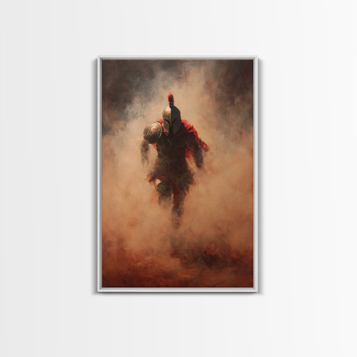 Spartan Warrior Emerging Through Red Smoke, Canvas Print, Dramatic Battle Wall Art, Ancient Greek Decor, Masculine Art, Gift For Him