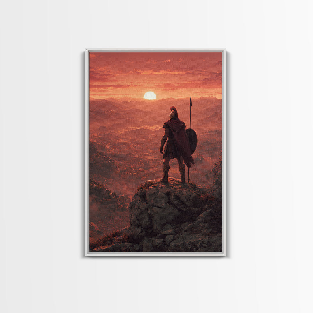 Spartan Warrior At Red Sunset, Epic Landscape Wall Art, Greek Soldier Canvas Print, Masculine Office Decor, Gift For Him