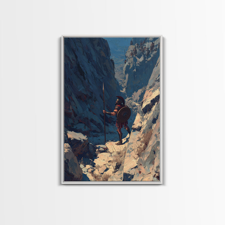 Spartan Warrior In Snowy Mountain Pass Framed Canvas Print, Ancient Greek Wall Art, Masculine Office Decor Gift, Housewarming Gift