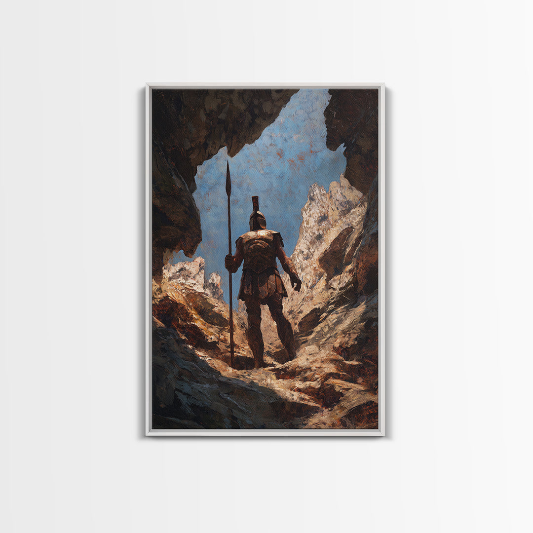 Spartan Warrior In Mountain Cave Framed Canvas Print, Ancient Greek Wall Art, Fantasy Adventure Decor, Gift For Him, Office Decor