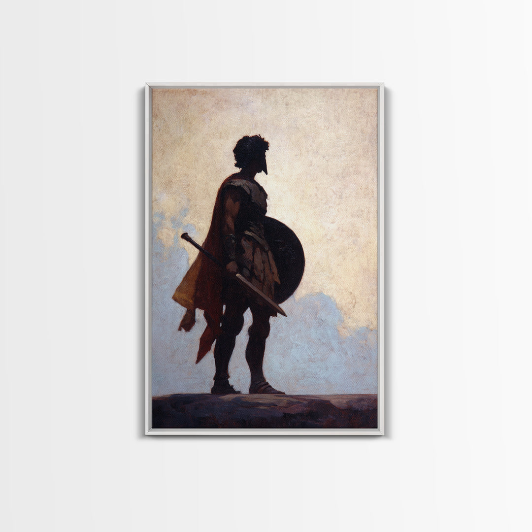 Ancient Warrior Silhouette With Shield And Sword Wall Art, Roman Soldier Canvas, Masculine Office Decor, Historical Fine Art Print