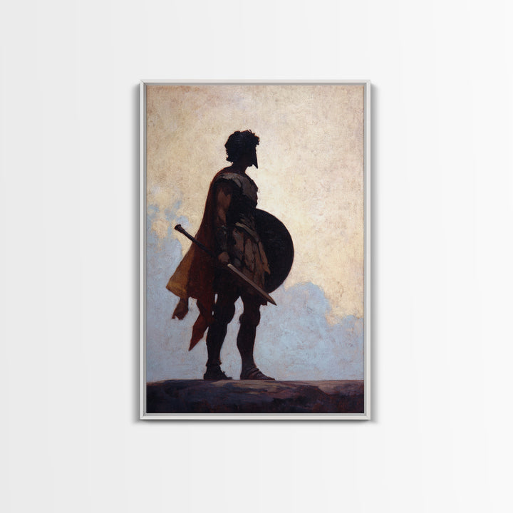 Ancient Warrior Silhouette With Shield And Sword Wall Art, Roman Soldier Canvas, Masculine Office Decor, Historical Fine Art Print