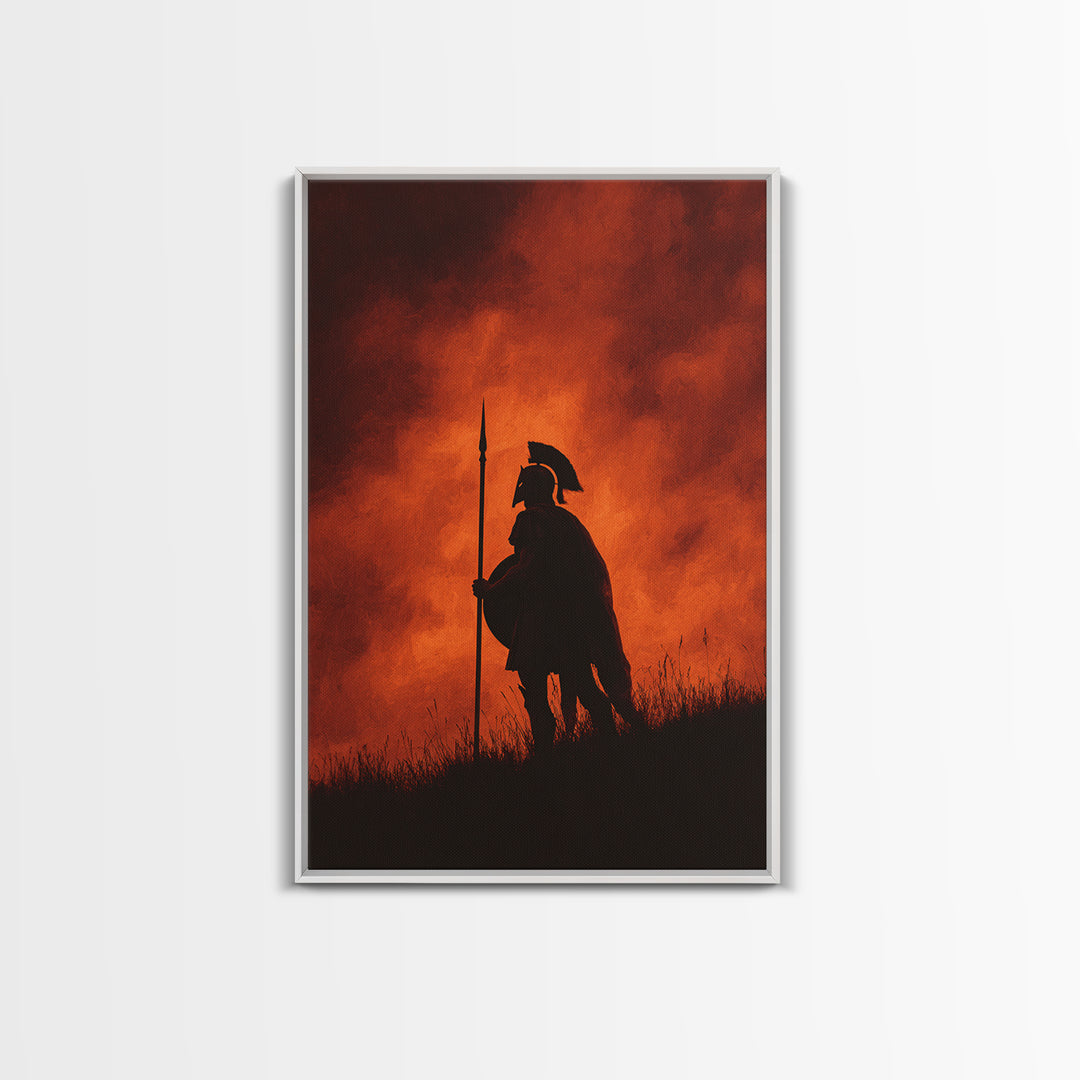 Spartan Silhouette At Red Sunset Wall Art, Ancient Warrior Canvas Print, Dramatic Battle Painting, Masculine Decor Gift For Him