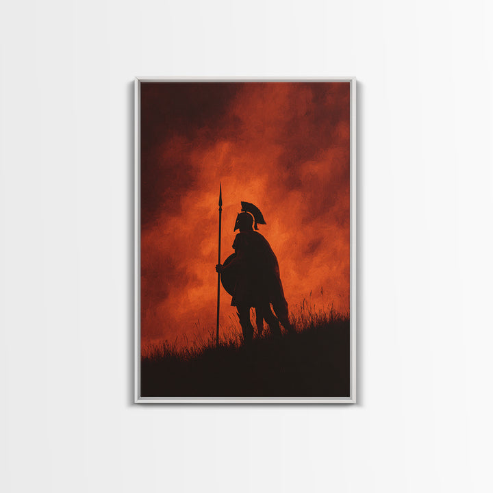 Spartan Silhouette At Red Sunset Wall Art, Ancient Warrior Canvas Print, Dramatic Battle Painting, Masculine Decor Gift For Him