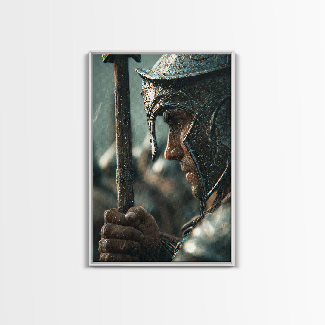 Rain Soaked Warrior Helmet Closeup Canvas Print, Spartan Soldier Wall Art, Dark Historical Decor, Masculine Gift For Him