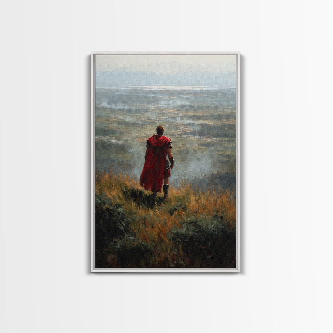 Roman Soldier In Red Cape Over Misty Valley Wall Art, Historical Landscape Painting, Moody Warrior Art Decor, Gift For Him