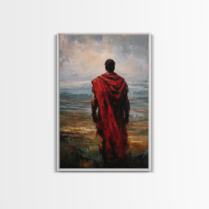 Red Cloaked Warrior Gazing At Sea Canvas Print, Moody Seascape Oil Painting, Roman Wall Art, Masculine Living Room Decor