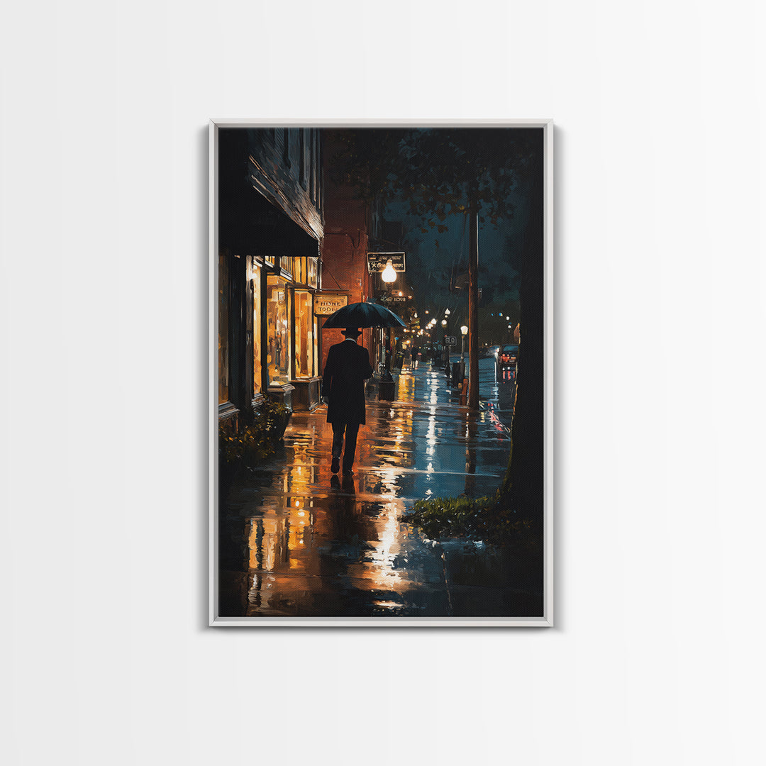 Rainy City Street With Umbrella At Night Wall Art, Moody Urban Landscape Print, Noir Office Decor, Modern Home Decor, Contemporary Art