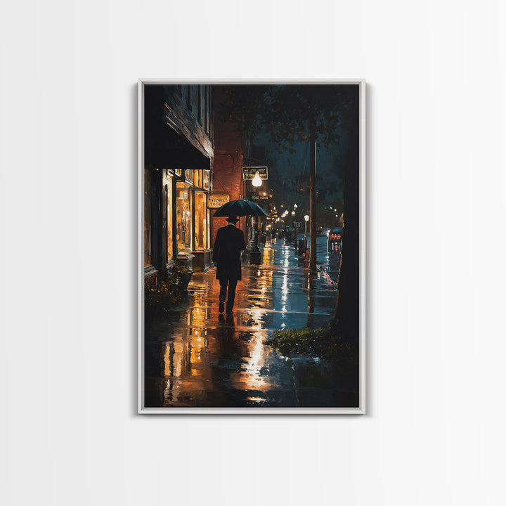 Rainy City Street With Umbrella At Night Wall Art, Moody Urban Landscape Print, Noir Office Decor, Modern Home Decor, Contemporary Art