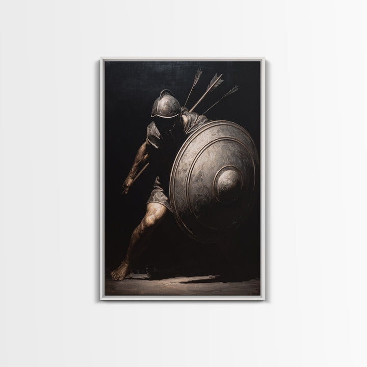 Wounded Medieval Knight Framed Canvas Print, Dark Academia Wall Art, Gothic Warrior Painting, Masculine Office Decor Gift