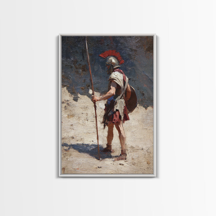Solitary Roman Guard With Spear Wall Art, Ancient Soldier Canvas Print, Historical Warrior Decor, Masculine Office Art Gift