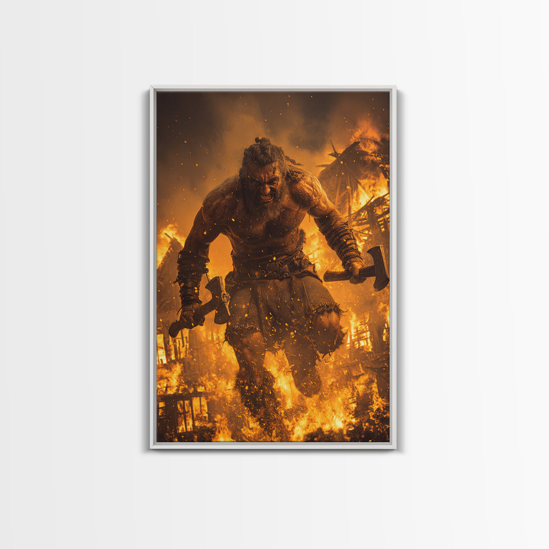 Fiery Berserker Giant With Axes, Dark Fantasy Wall Art, Viking Warrior Canvas, Gothic Decor, Man Cave, Statement Artwork Print