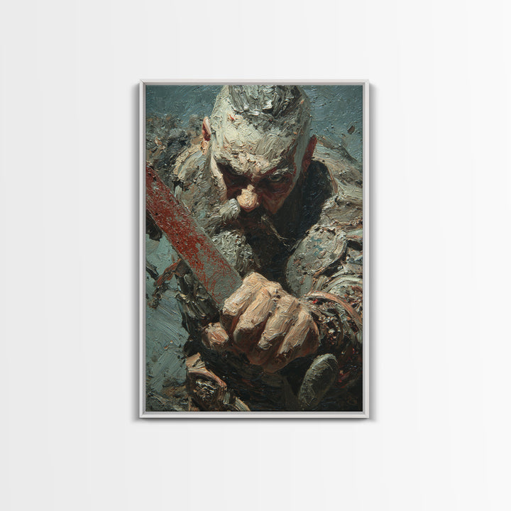 Viking Warrior Sword Framed Canvas Print, Impasto Battle Portrait, Medieval Norse Wall Decor For Masculine Office Gift Idea