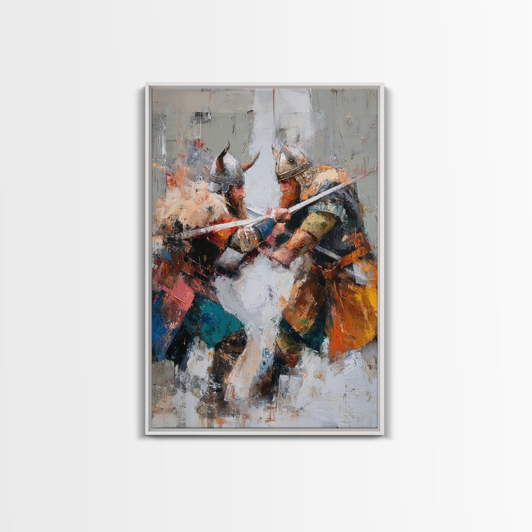 Viking Warriors Clashing Swords Canvas Print, Norse Battle Wall Art, Bold Historical Painting, Rustic Home Decor, Gift For Him
