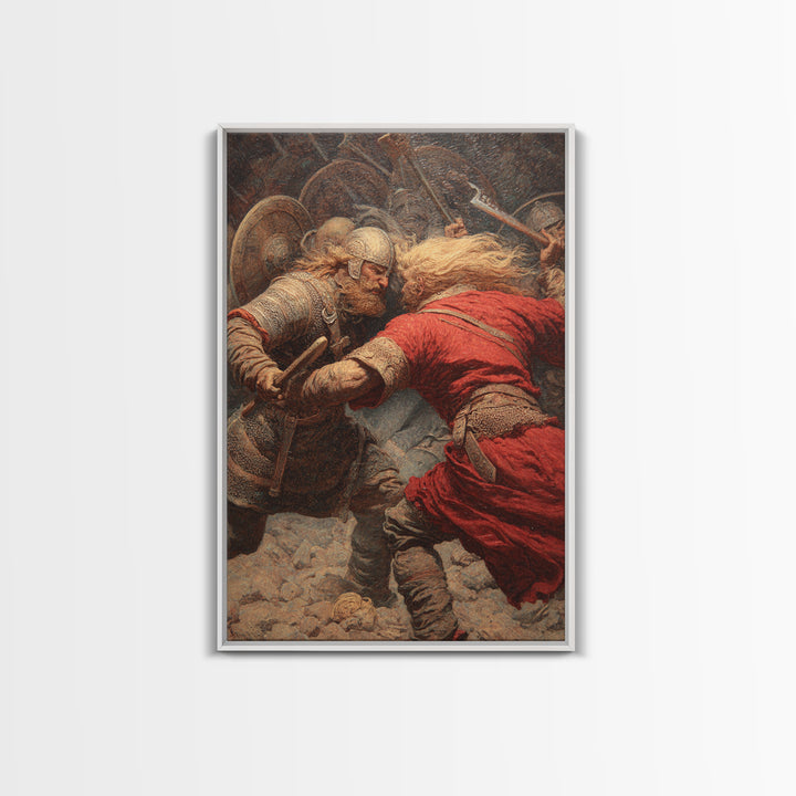 Viking Warriors Locked In Battle Wall Art, Norse Mythology Oil Painting, Historical Art Print, Rustic Man Cave Decor Gift