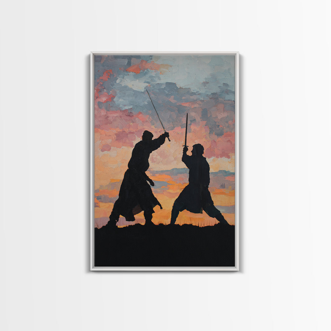 Samurai Sword Duel At Sunset Wall Art, Dramatic Warrior Canvas Print, Japanese Battle Decor, Martial Arts Gift For Him, Dojo Decor